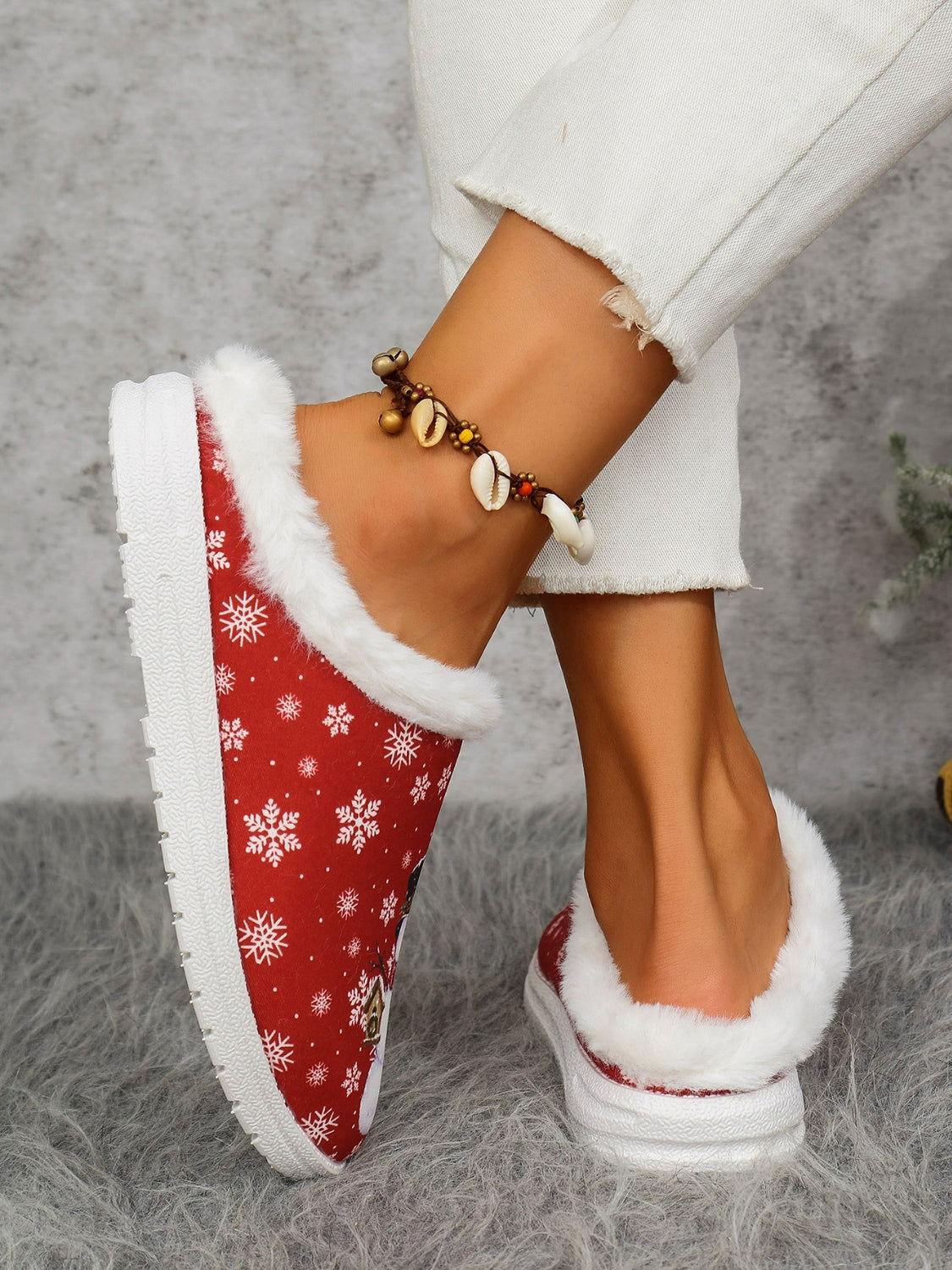 Snowman Print Flat Slippers with Faux Fur - Clothes For Her Online Store