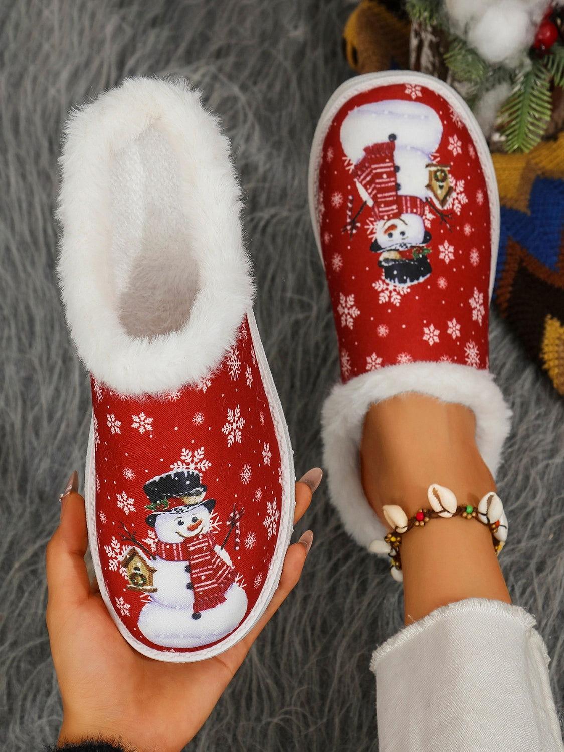 Snowman Print Flat Slippers with Faux Fur - Clothes For Her Online Store