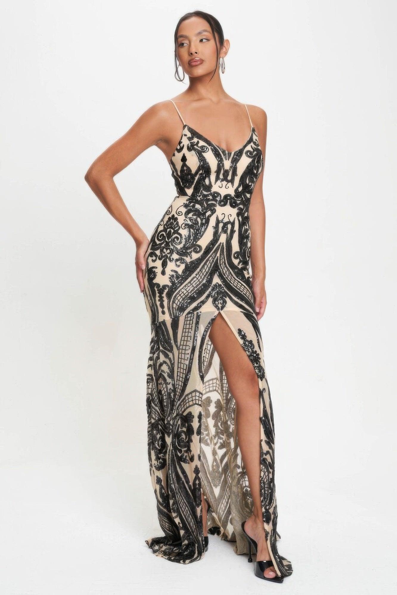 Spaghetti Strap Art Deco Sequins Maxi Dress - Clothes For Her Online Store