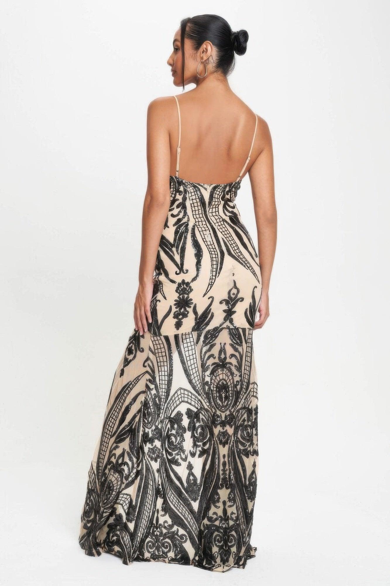 Spaghetti Strap Art Deco Sequins Maxi Dress - Clothes For Her Online Store