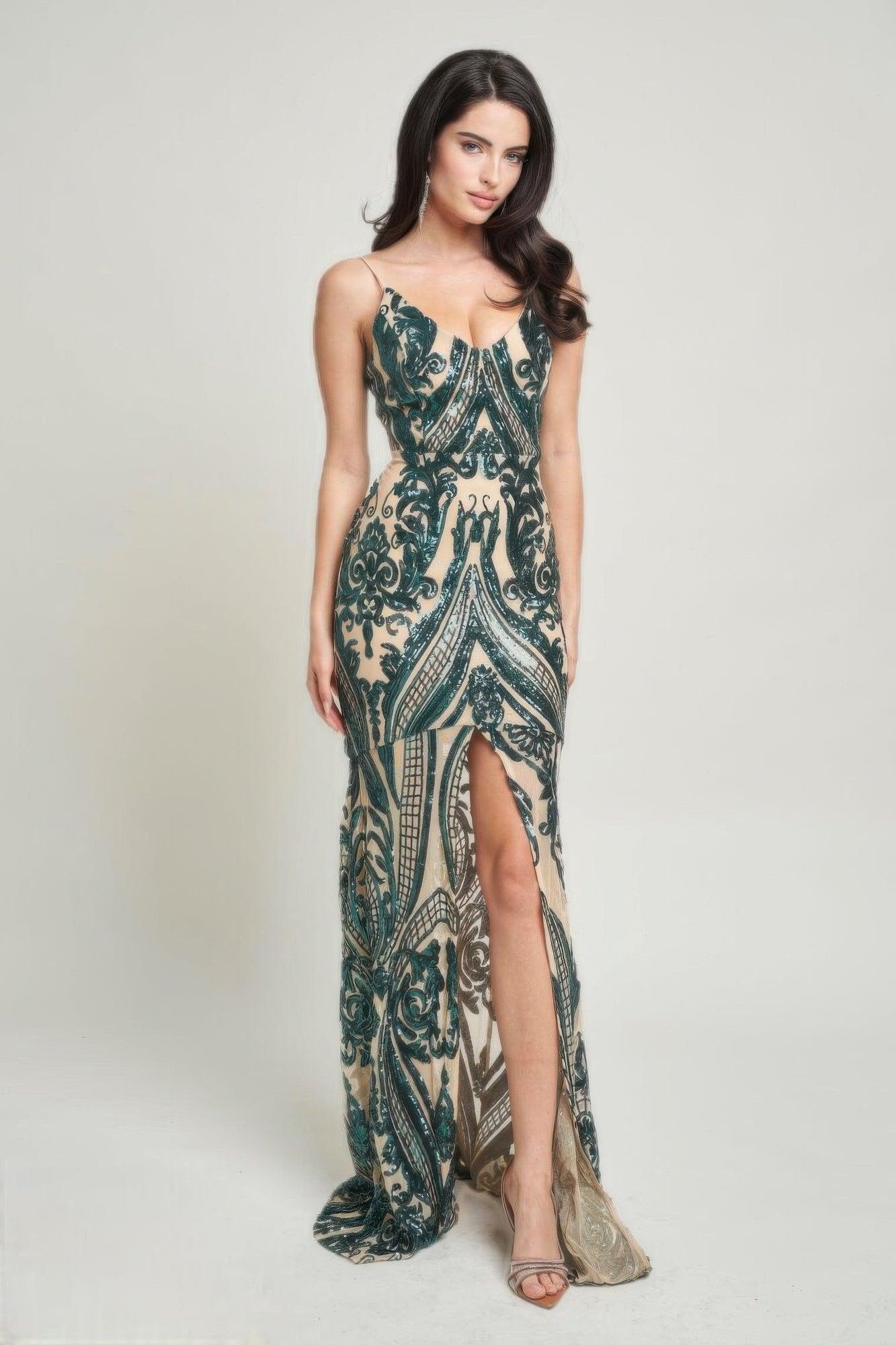Spaghetti Strap Art Deco Sequins Maxi Dress - Clothes For Her Online Store