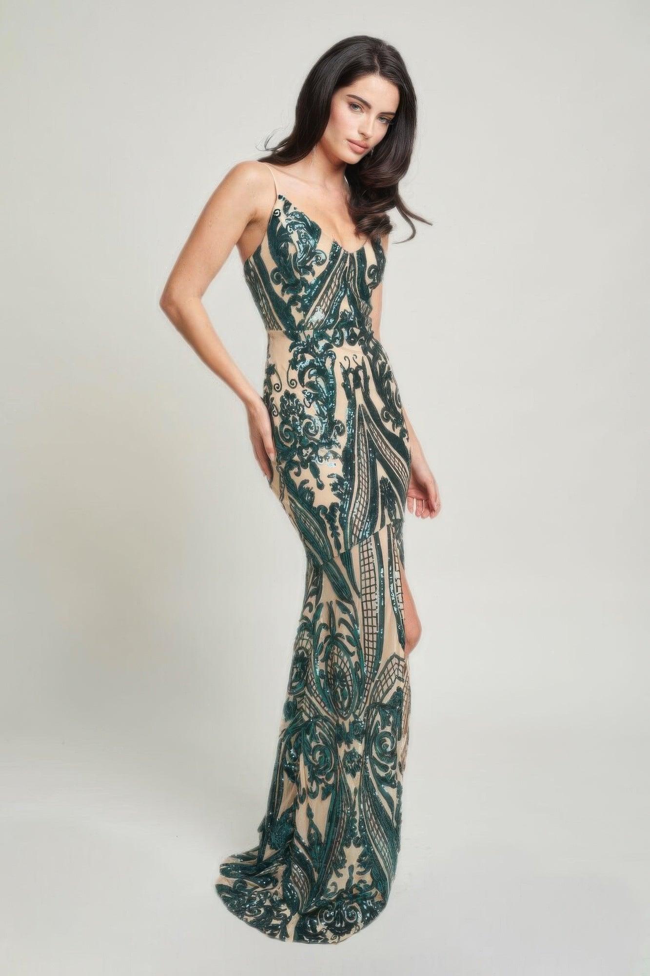 Spaghetti Strap Art Deco Sequins Maxi Dress - Clothes For Her Online Store