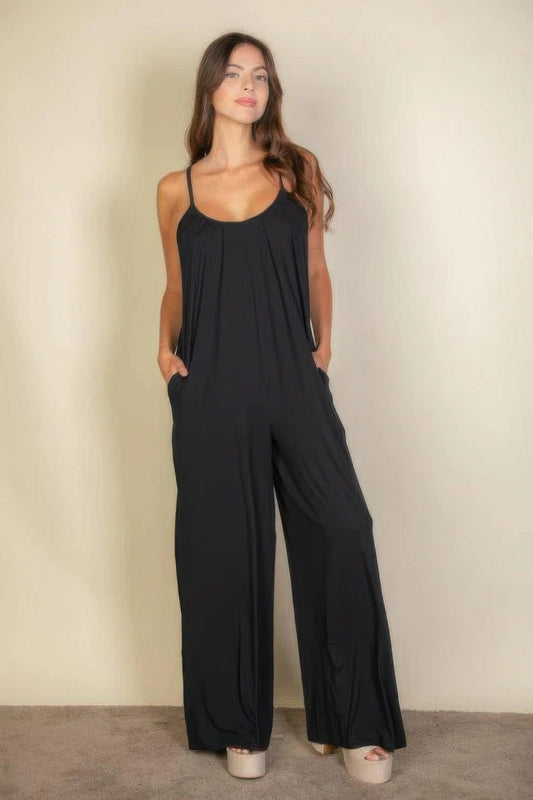 Spaghetti Strap Solid Wide Jumpsuit - Clothes For Her Online Store