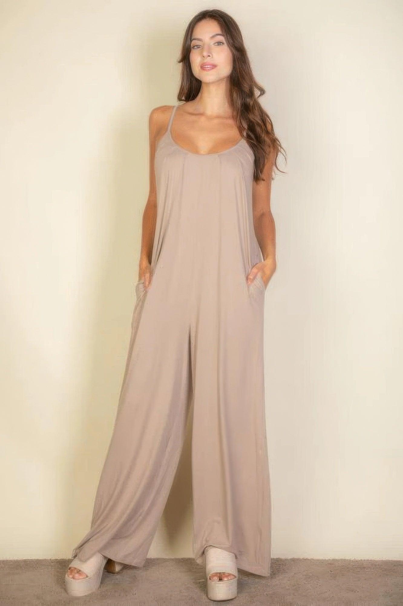Spaghetti Strap Solid Wide Jumpsuit - Clothes For Her Online Store
