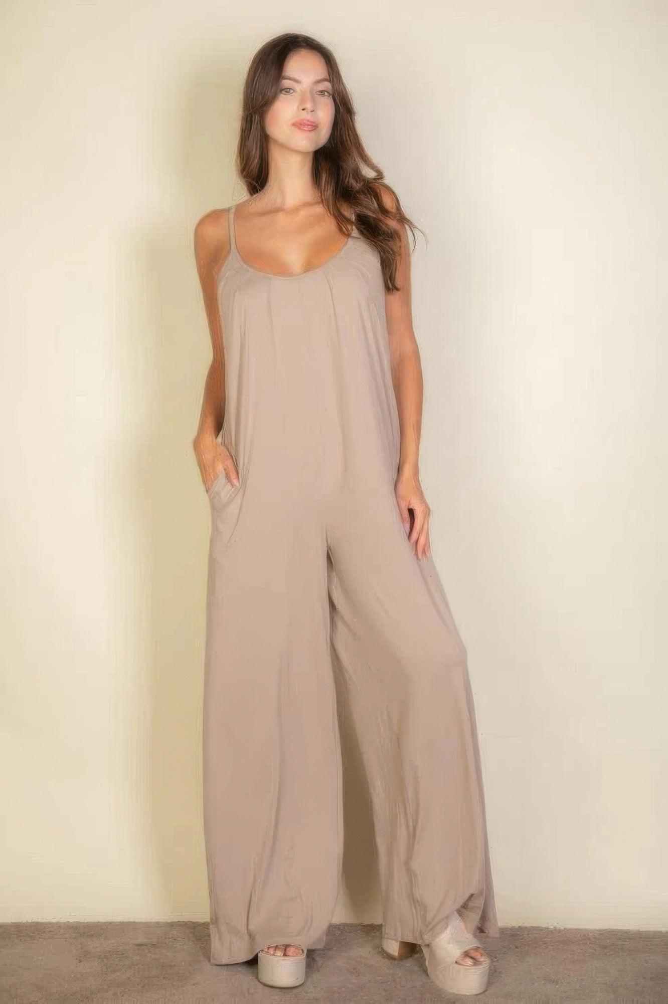 Spaghetti Strap Solid Wide Jumpsuit - Clothes For Her Online Store