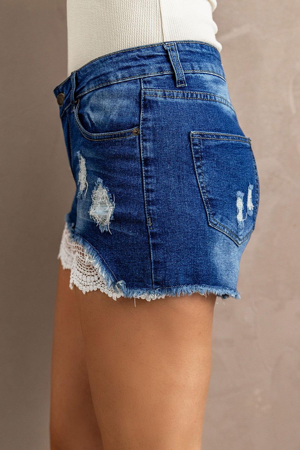 Spliced Lace Distressed Denim Shorts - Clothes For Her Online Store