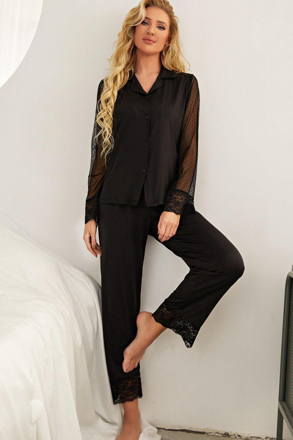 Spliced Lace Lapel Collar Pajama Set - Clothes For Her Online Store