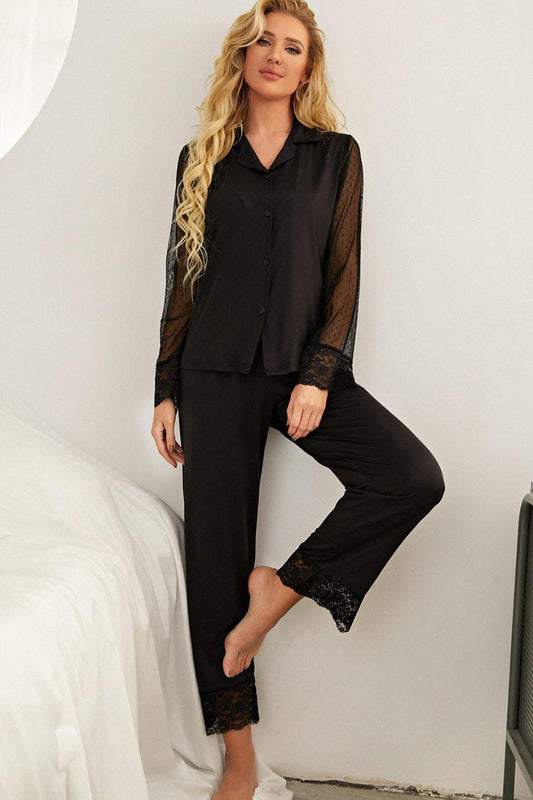 Spliced Lace Lapel Collar Pajama Set - Clothes For Her Online Store