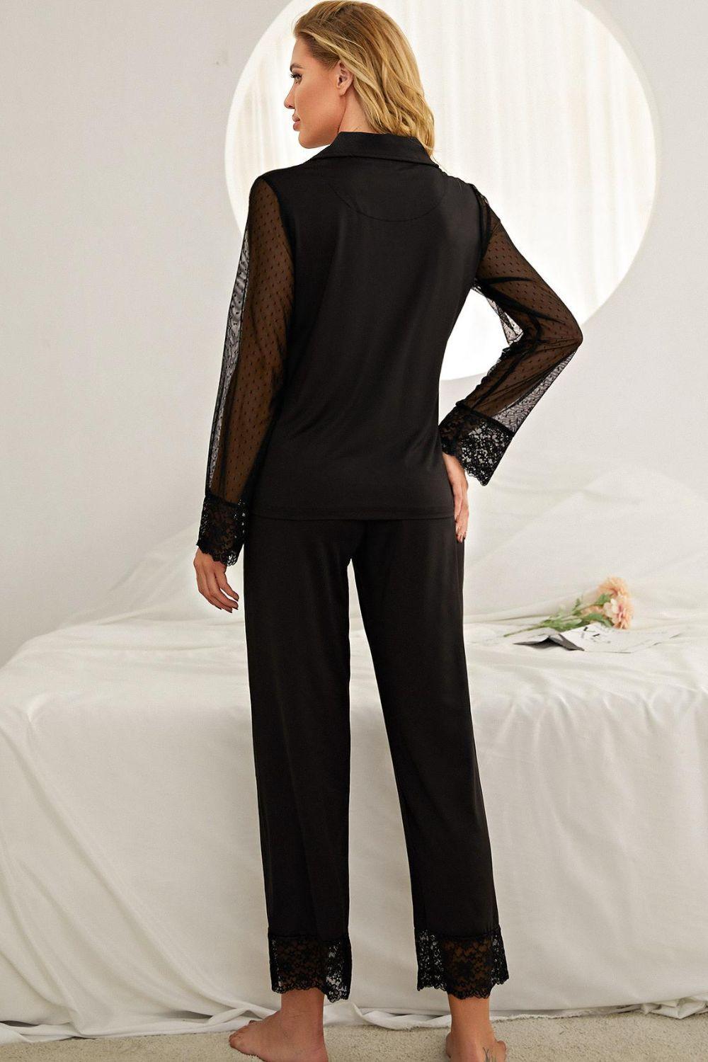 Spliced Lace Lapel Collar Pajama Set - Clothes For Her Online Store