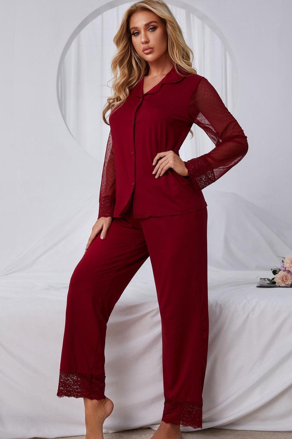 Spliced Lace Lapel Collar Pajama Set - Clothes For Her Online Store