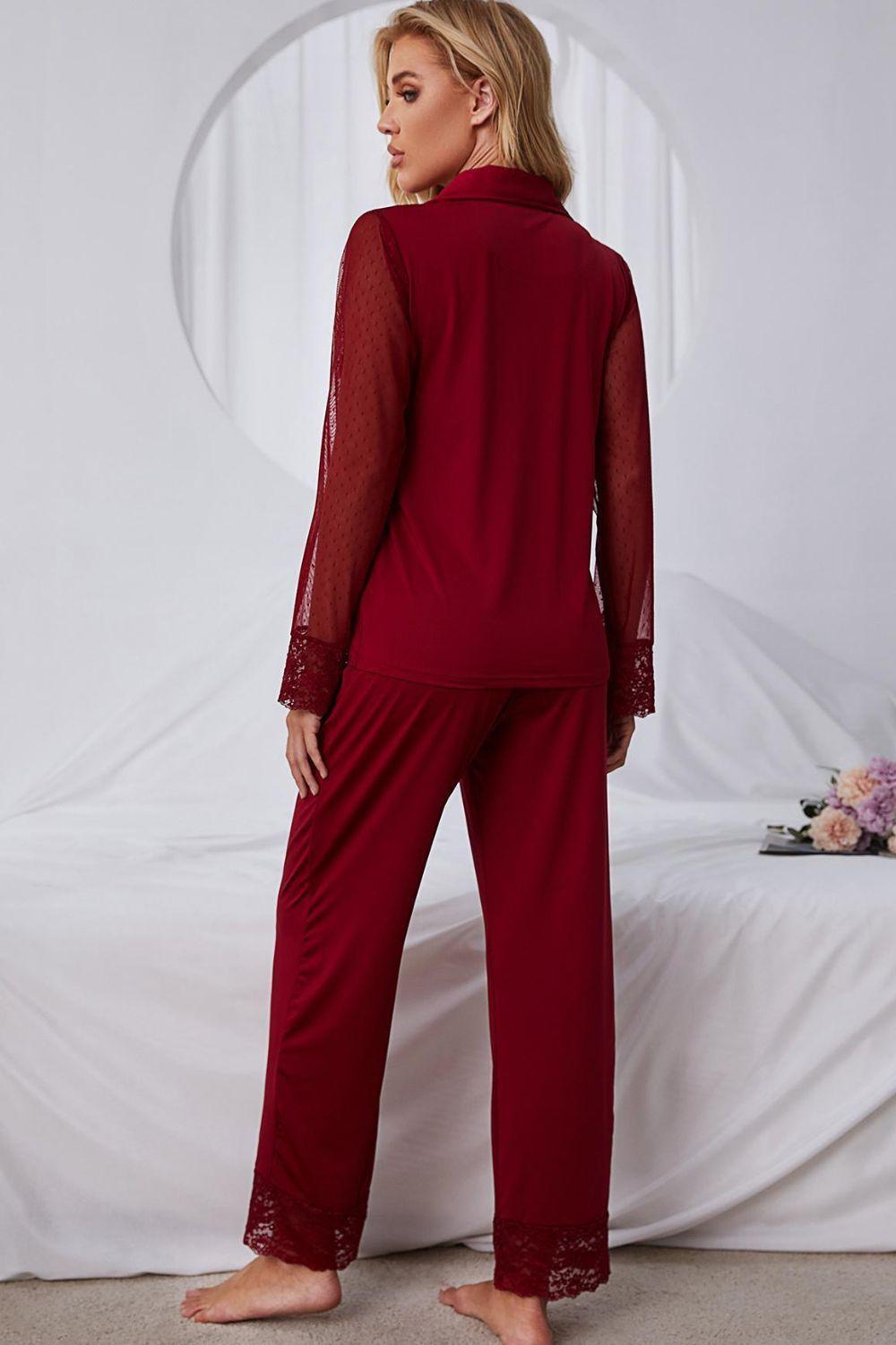 Spliced Lace Lapel Collar Pajama Set - Clothes For Her Online Store