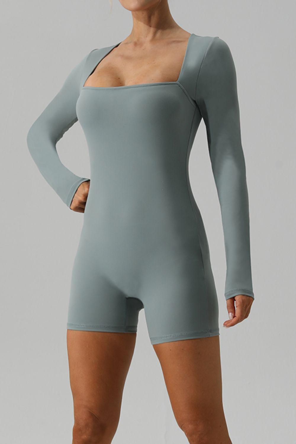 Square Neck Long Sleeve Active Romper - Clothes For Her Online Store