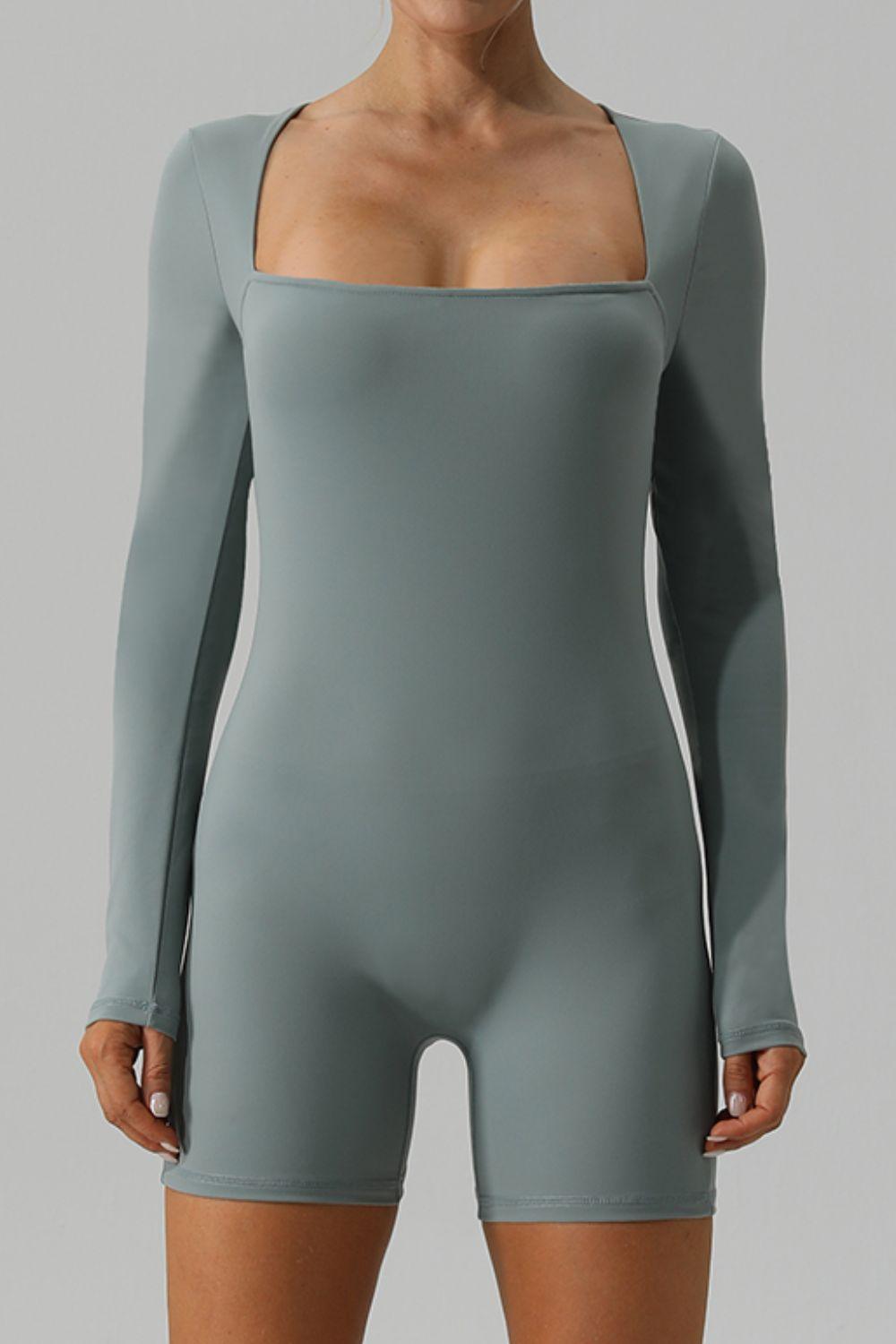 Square Neck Long Sleeve Active Romper - Clothes For Her Online Store
