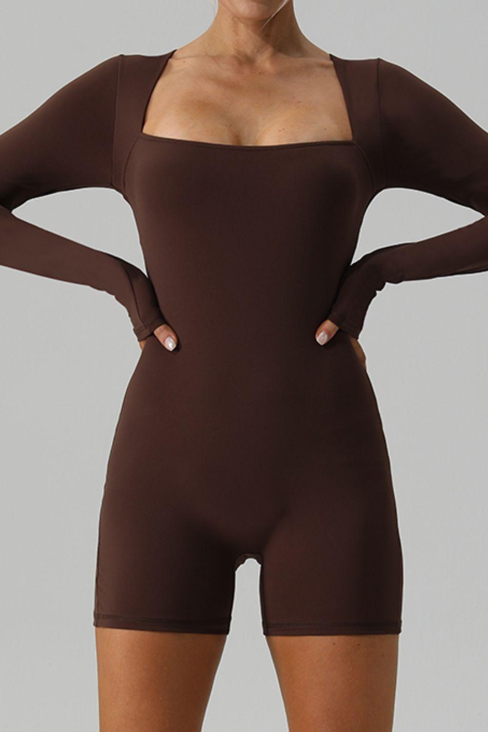 Square Neck Long Sleeve Active Romper - Clothes For Her Online Store
