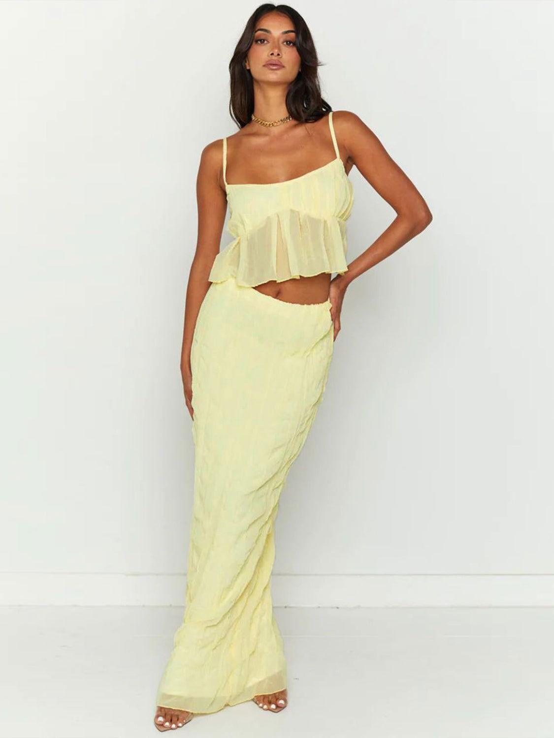 Square Neck Sleeveless Top and Ruched Skirt Set - Clothes For Her Online Store