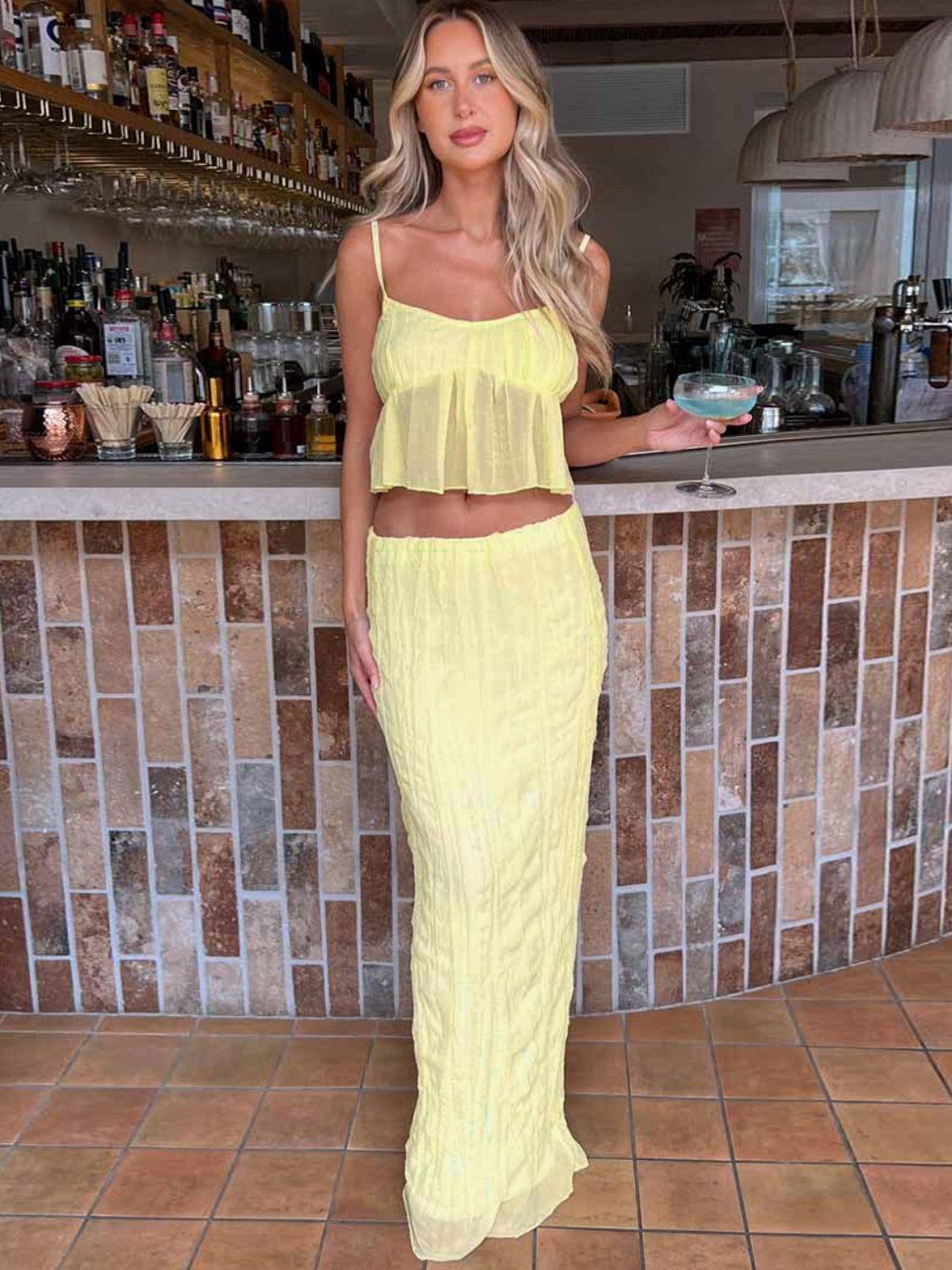 Square Neck Sleeveless Top and Ruched Skirt Set - Clothes For Her Online Store