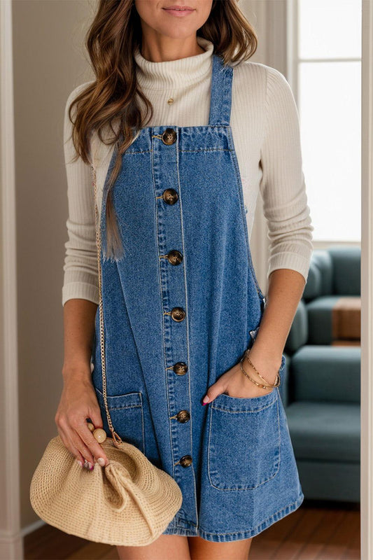 Square Neck Wide Strap Denim Overall Dress - Clothes For Her Online Store