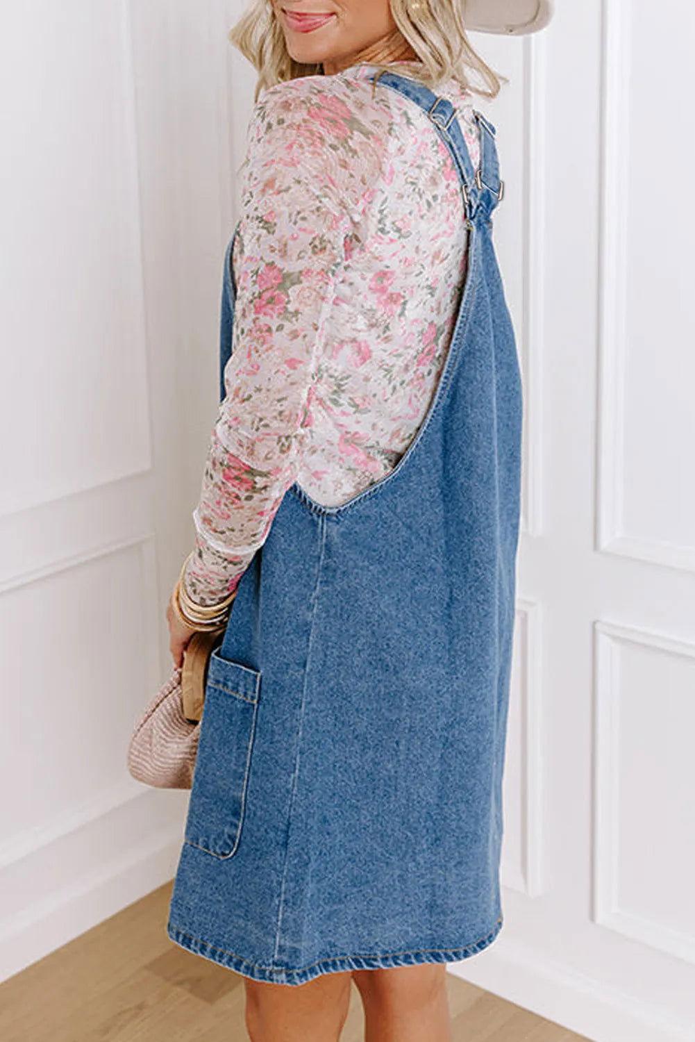 Square Neck Wide Strap Denim Overall Dress - Clothes For Her Online Store
