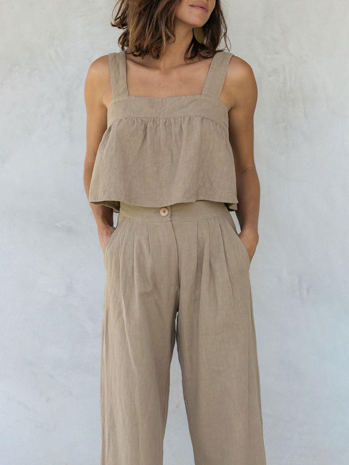 Square Neck Wide Strap Top and Pants Set - Clothes For Her Online Store