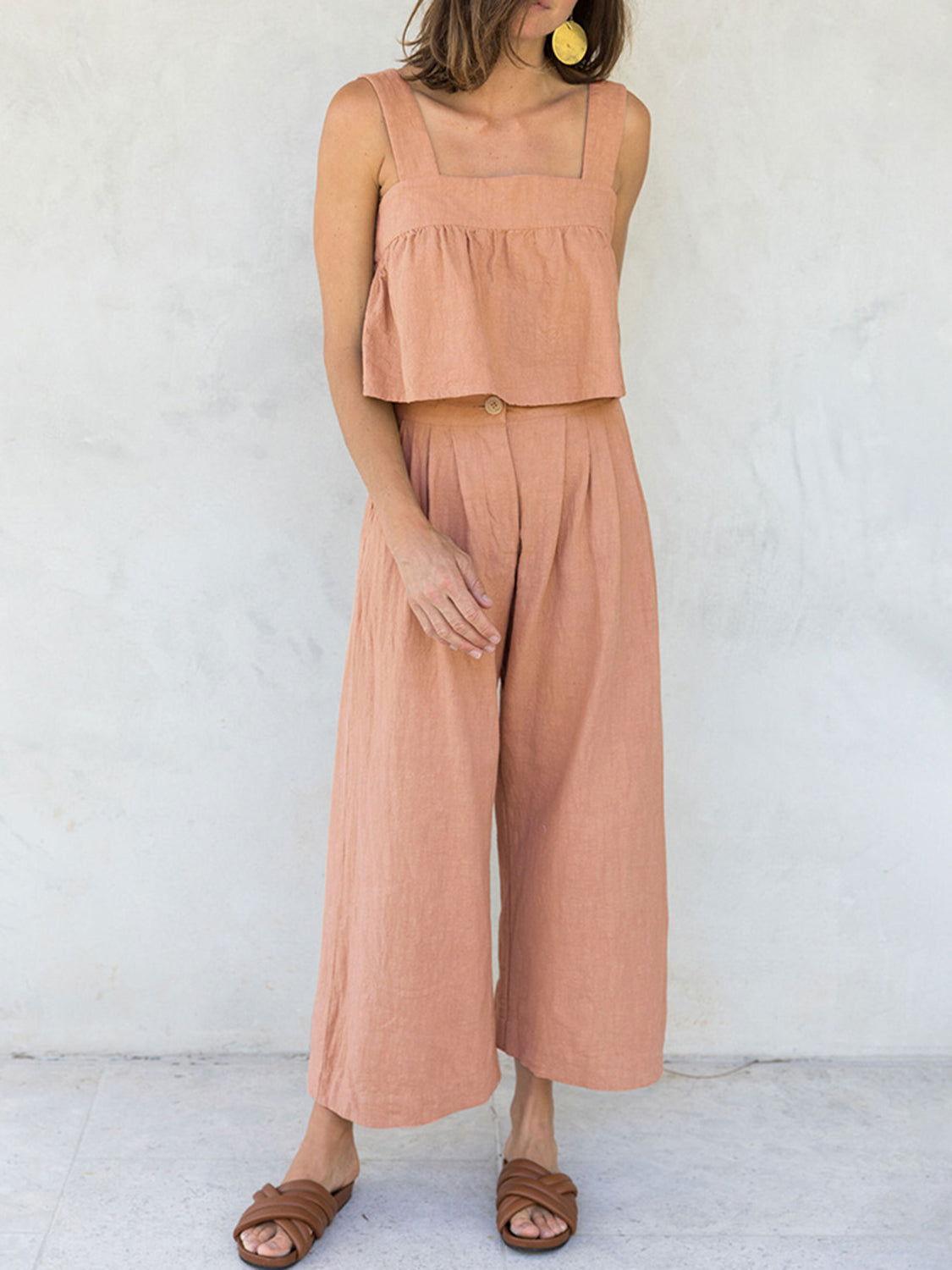 Square Neck Wide Strap Top and Pants Set - Clothes For Her Online Store