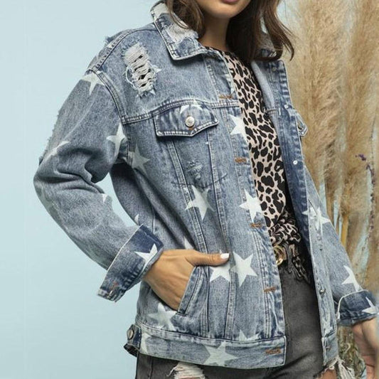 Star Distressed Denim Shacket - Clothes For Her Online Store