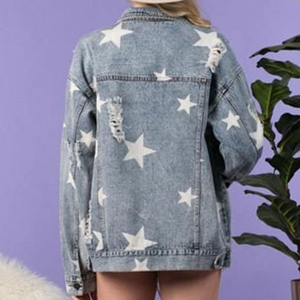 Star Distressed Denim Shacket - Clothes For Her Online Store