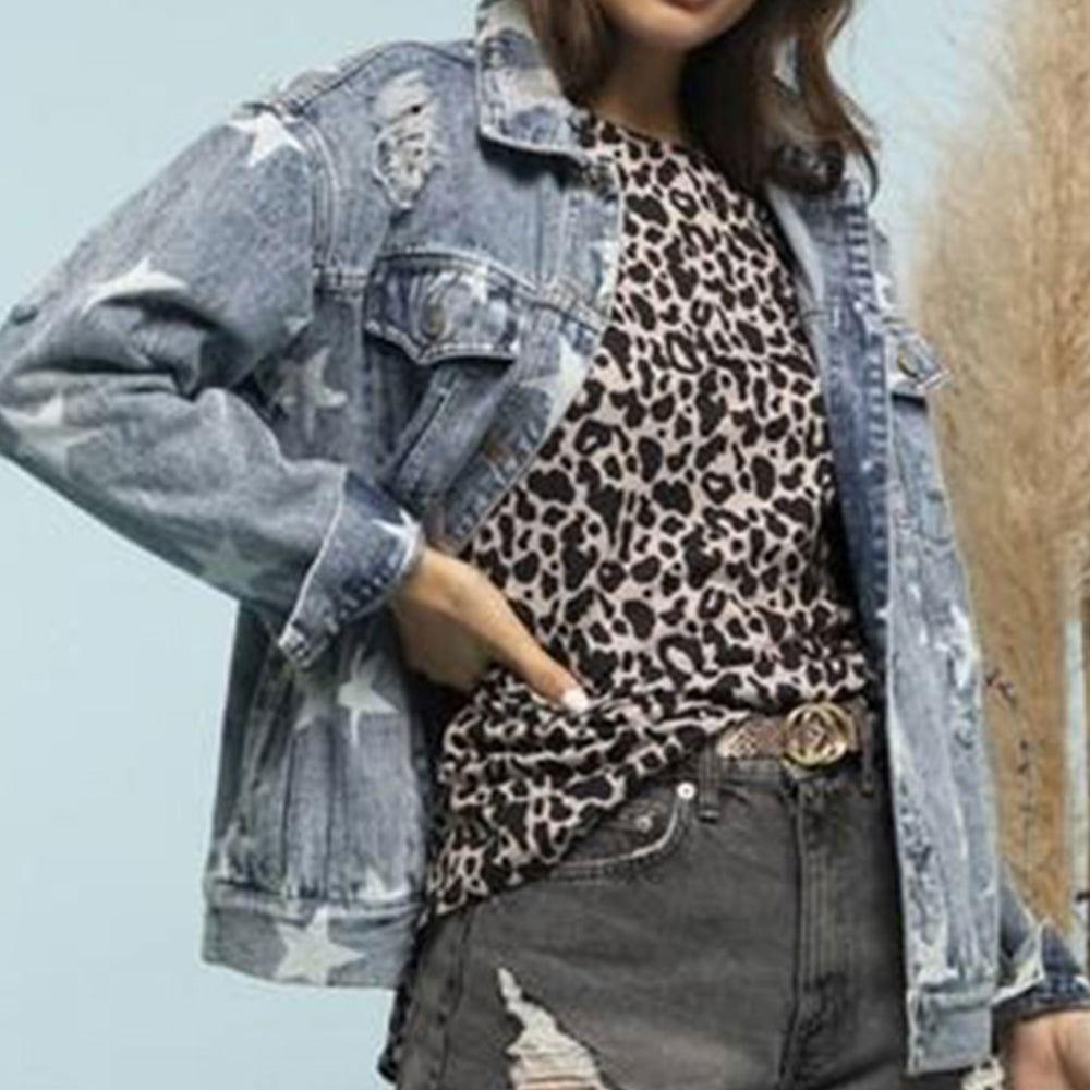 Star Distressed Denim Shacket - Clothes For Her Online Store