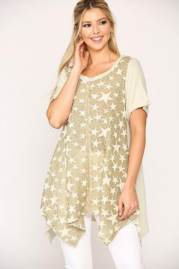Star Textured Knit Mixed Tunic Top With Shark Bite Hem - Clothes For Her Online Store