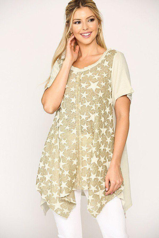 Star Textured Knit Mixed Tunic Top With Shark Bite Hem - Clothes For Her Online Store
