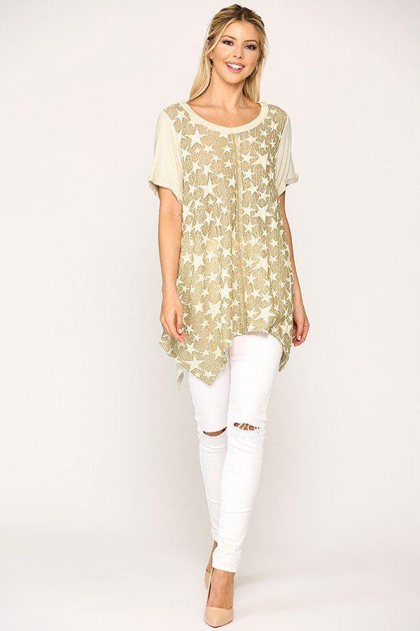 Star Textured Knit Mixed Tunic Top With Shark Bite Hem - Clothes For Her Online Store