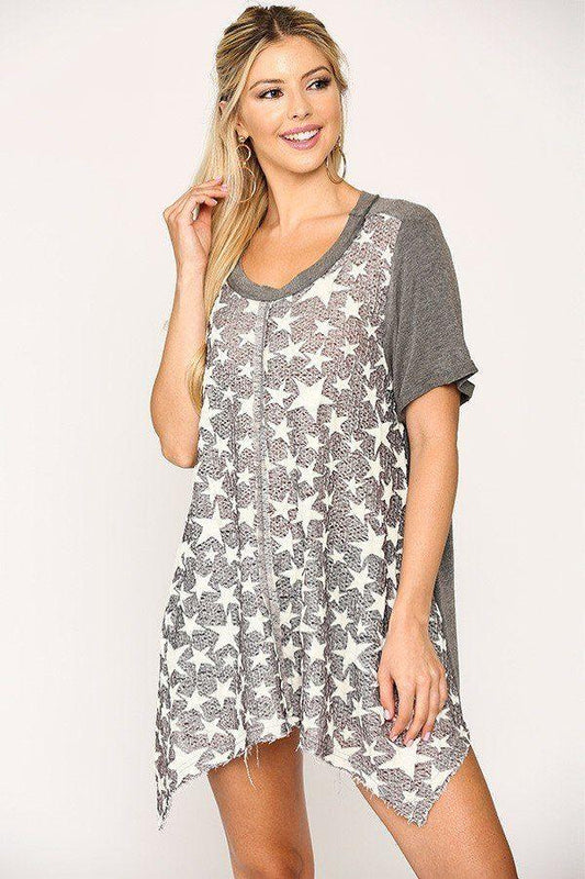 Star Textured Knit Mixed Tunic Top With Shark Bite Hem - Clothes For Her Online Store