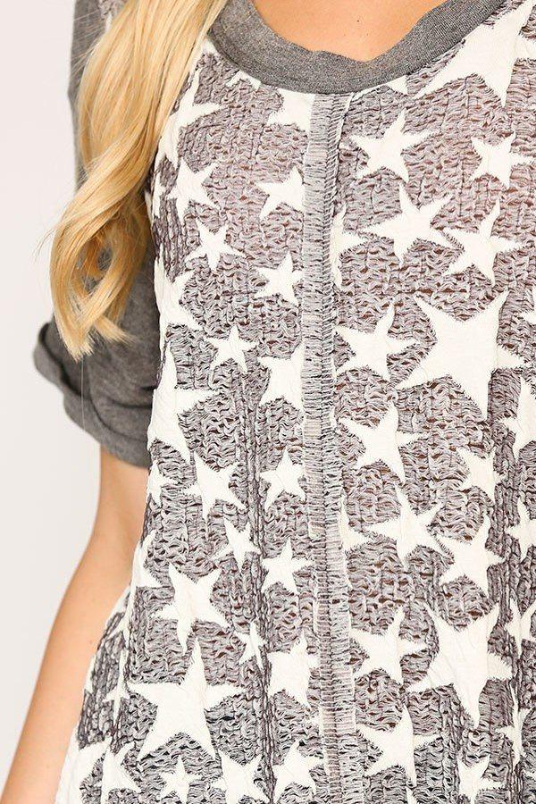 Star Textured Knit Mixed Tunic Top With Shark Bite Hem - Clothes For Her Online Store