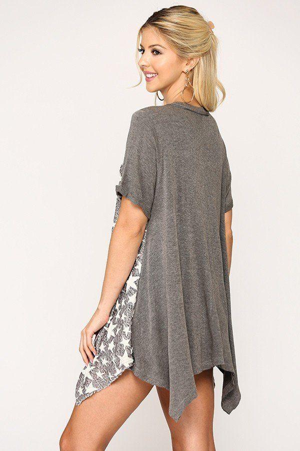 Star Textured Knit Mixed Tunic Top With Shark Bite Hem - Clothes For Her Online Store