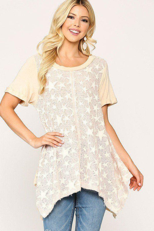 Star Textured Knit Mixed Tunic Top With Shark Bite Hem - Clothes For Her Online Store