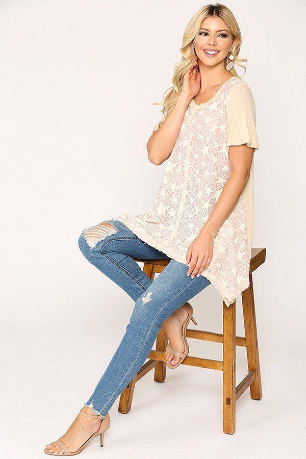 Star Textured Knit Mixed Tunic Top With Shark Bite Hem - Clothes For Her Online Store