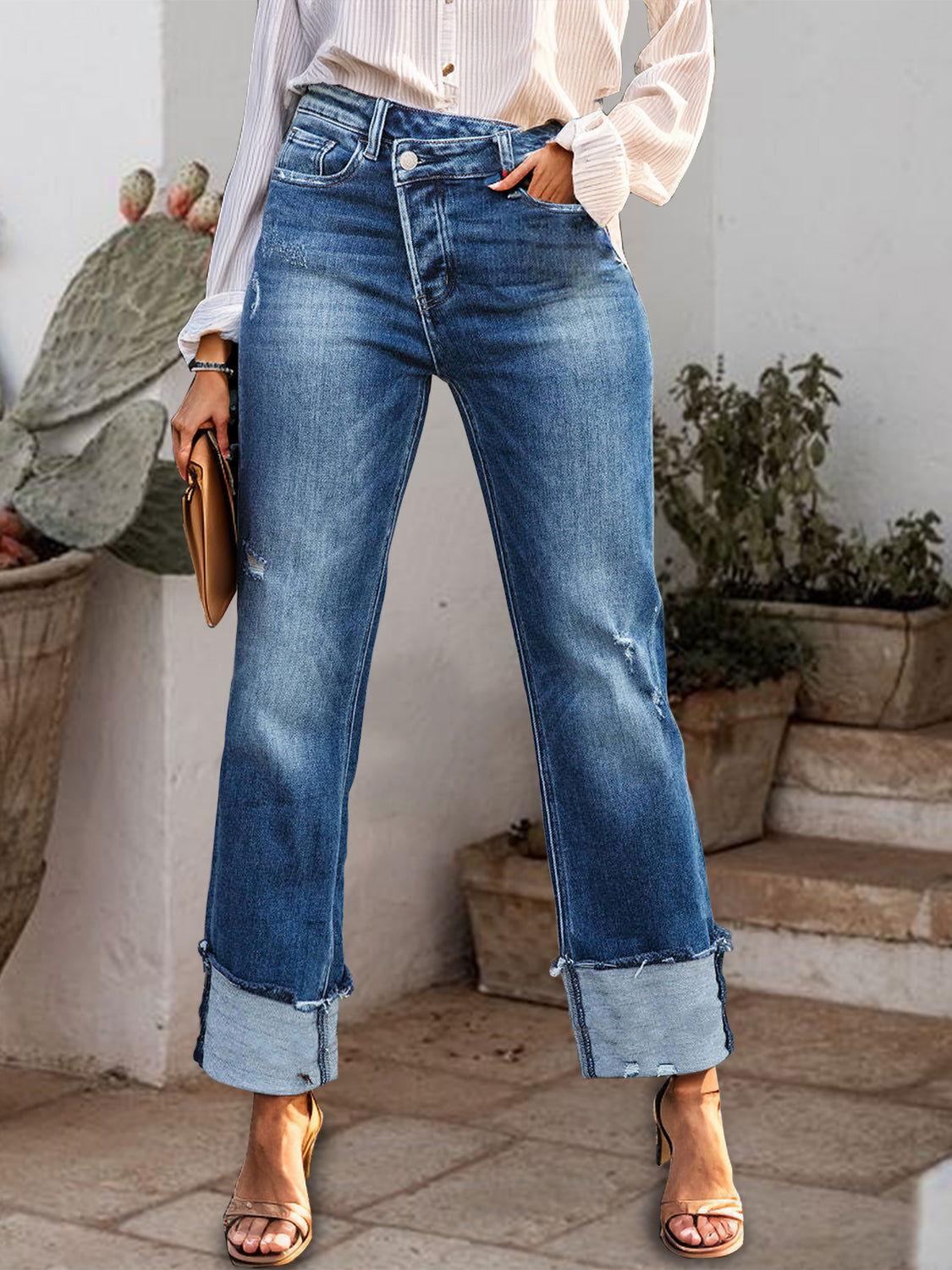 Stepped Waist Raw Hem Rolled Straight Jeans - Clothes For Her Online Store