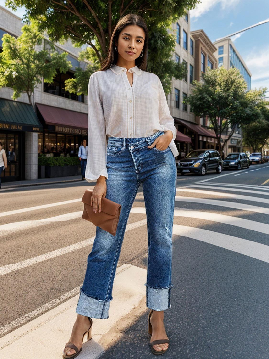 Stepped Waist Raw Hem Rolled Straight Jeans - Clothes For Her Online Store