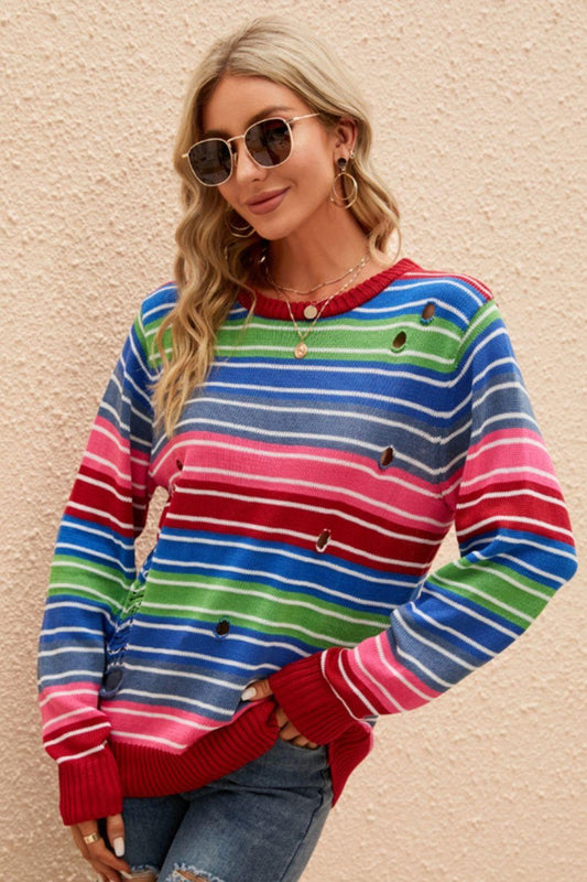 Striped Distressed Cutout Round Neck Sweater - Clothes For Her Online Store
