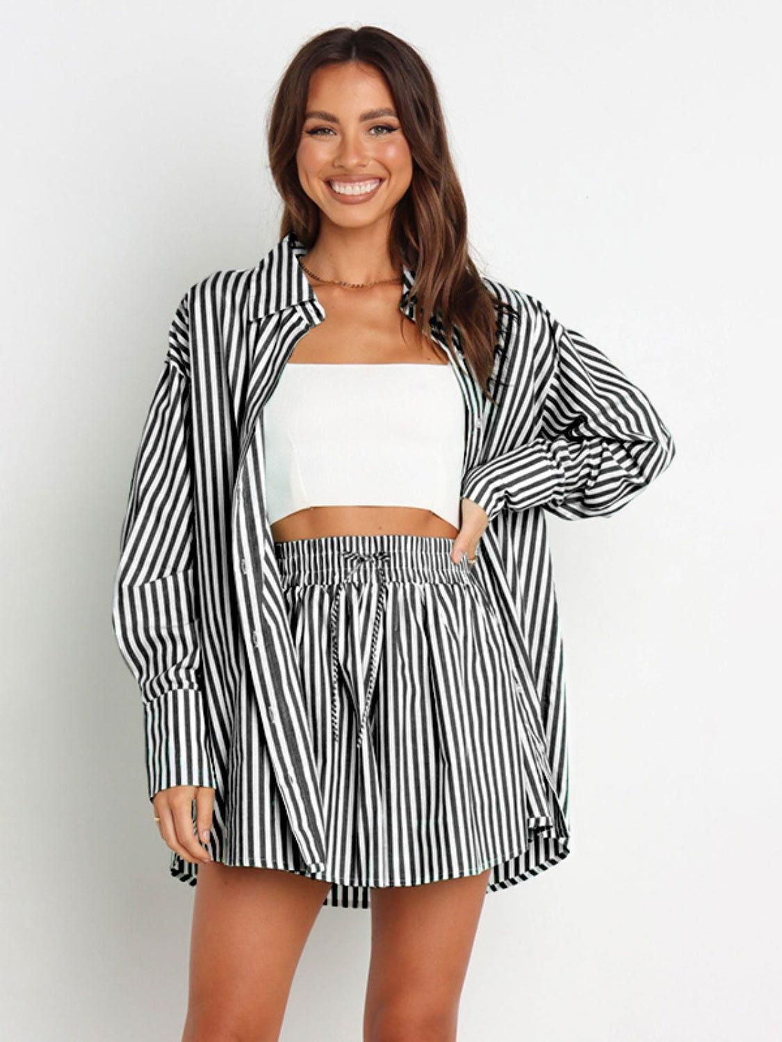 Striped Dropped Shoulder Shirt and Shorts Set - Clothes For Her Online Store