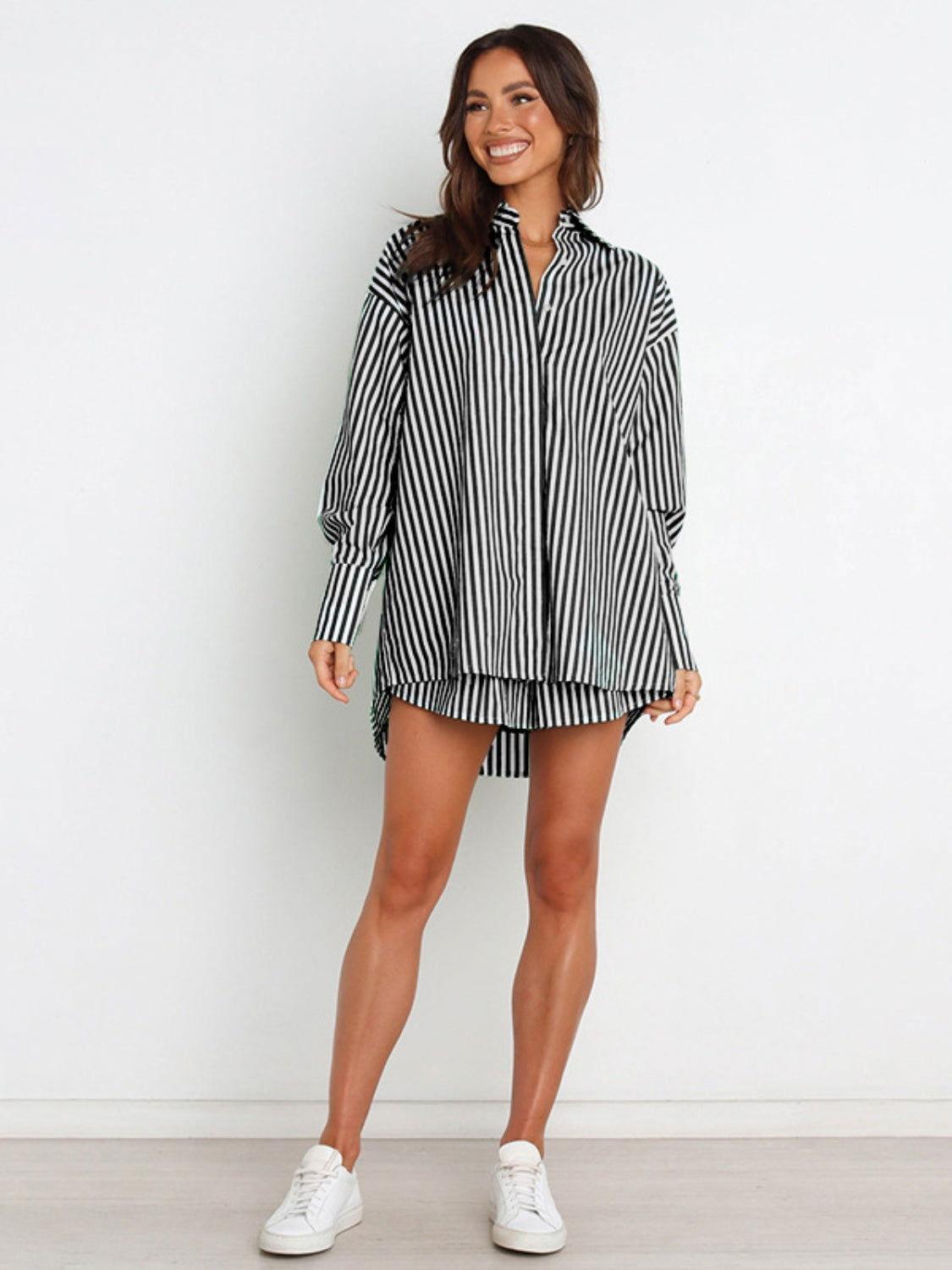 Striped Dropped Shoulder Shirt and Shorts Set - Clothes For Her Online Store