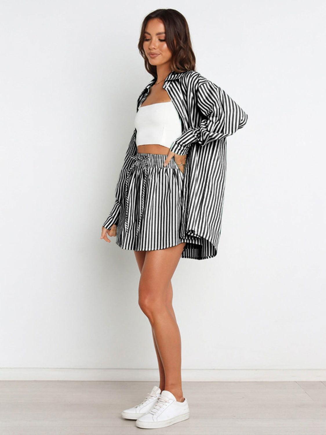 Striped Dropped Shoulder Shirt and Shorts Set - Clothes For Her Online Store