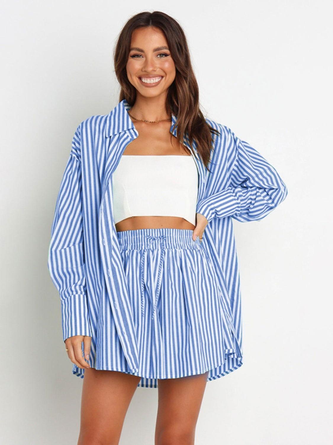Striped Dropped Shoulder Shirt and Shorts Set - Clothes For Her Online Store