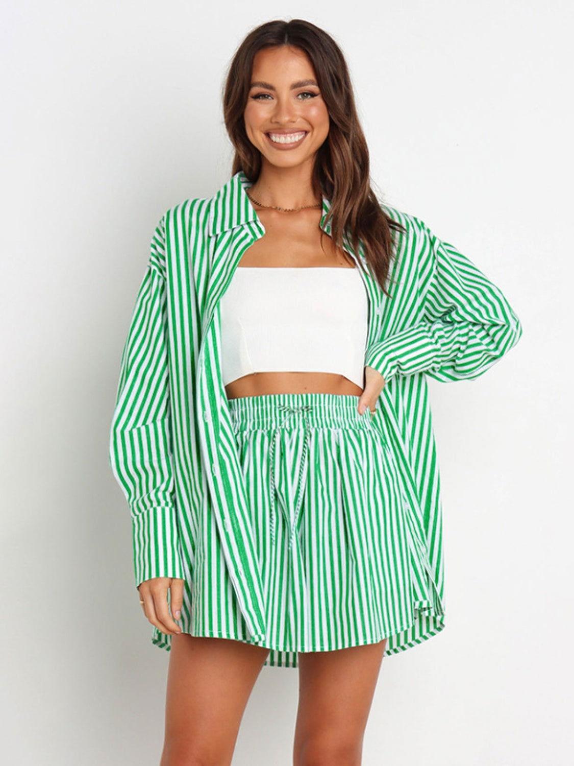 Striped Dropped Shoulder Shirt and Shorts Set - Clothes For Her Online Store