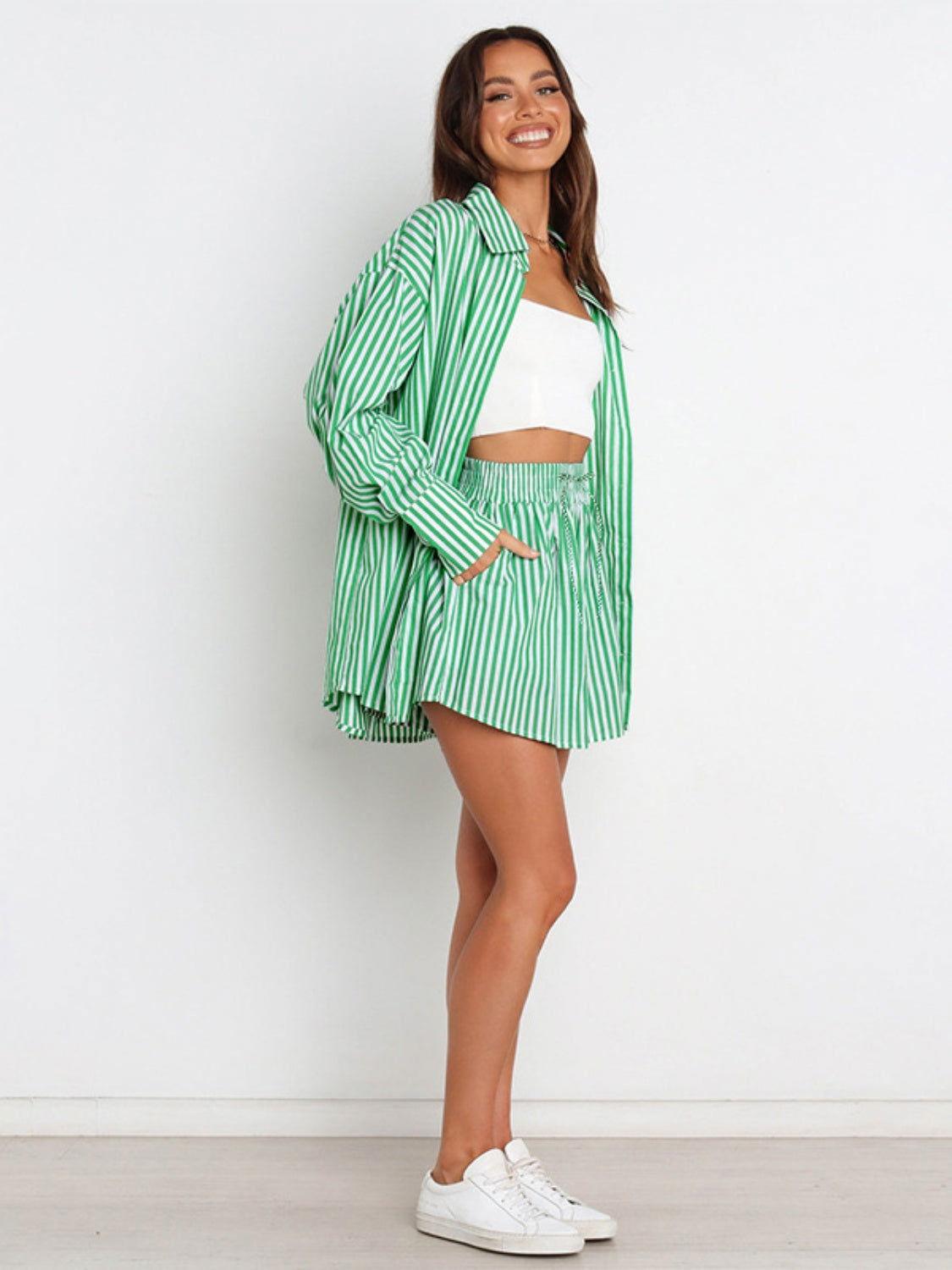 Striped Dropped Shoulder Shirt and Shorts Set - Clothes For Her Online Store