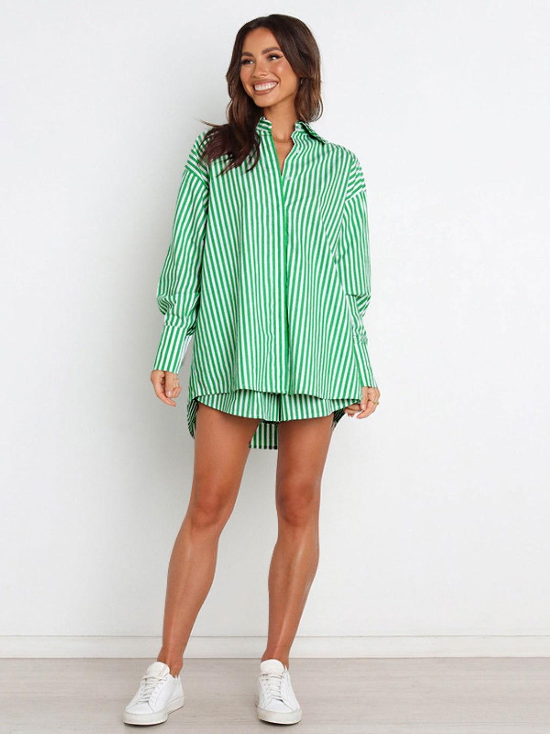 Striped Dropped Shoulder Shirt and Shorts Set - Clothes For Her Online Store