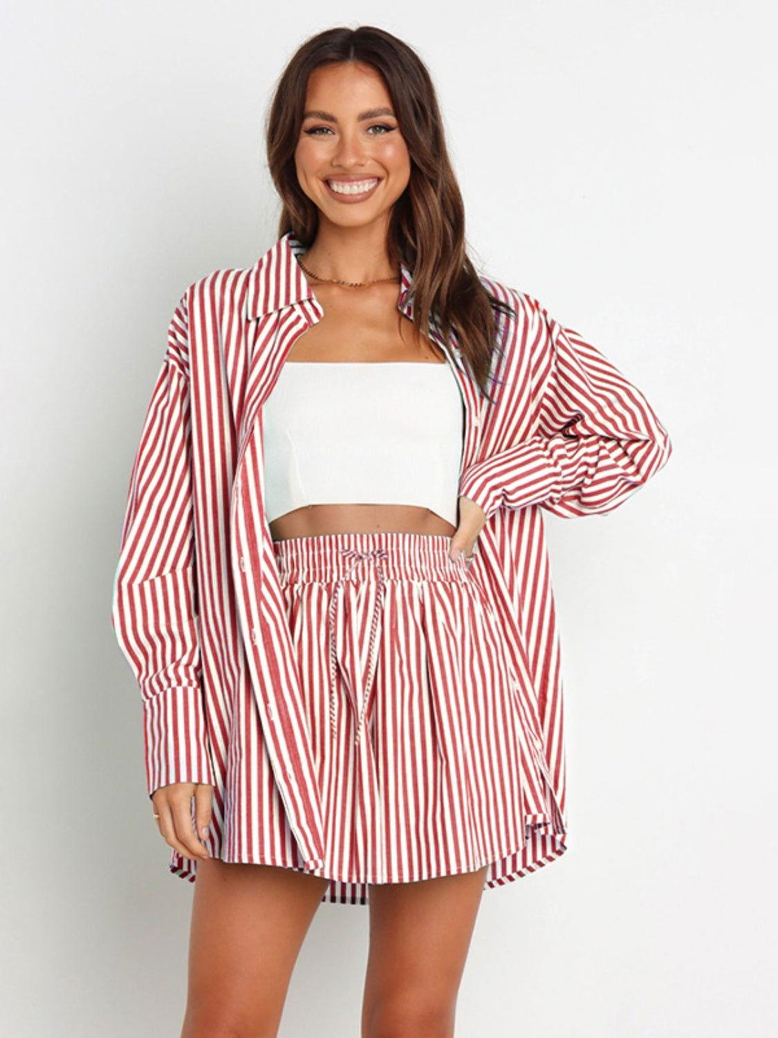 Striped Dropped Shoulder Shirt and Shorts Set - Clothes For Her Online Store