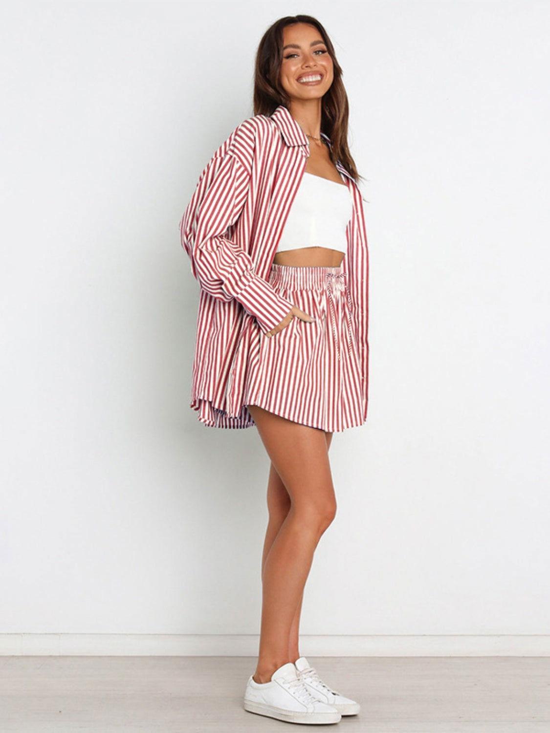 Striped Dropped Shoulder Shirt and Shorts Set - Clothes For Her Online Store