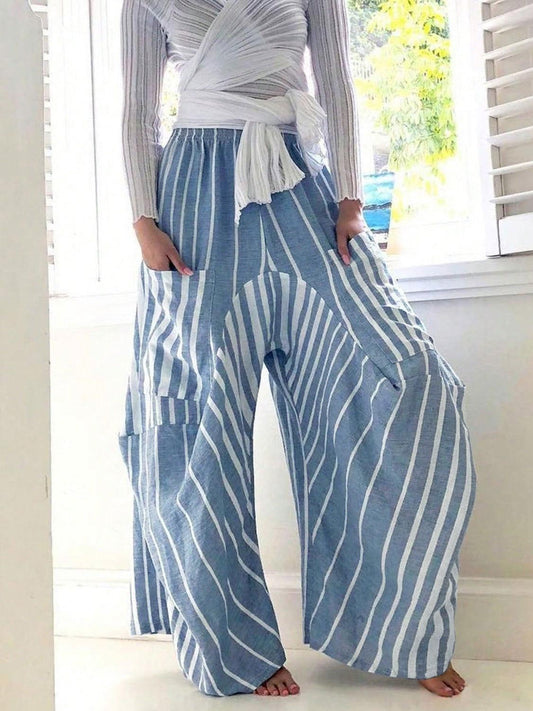 Striped Elastic Waist Wide Leg Pants - Clothes For Her Online Store