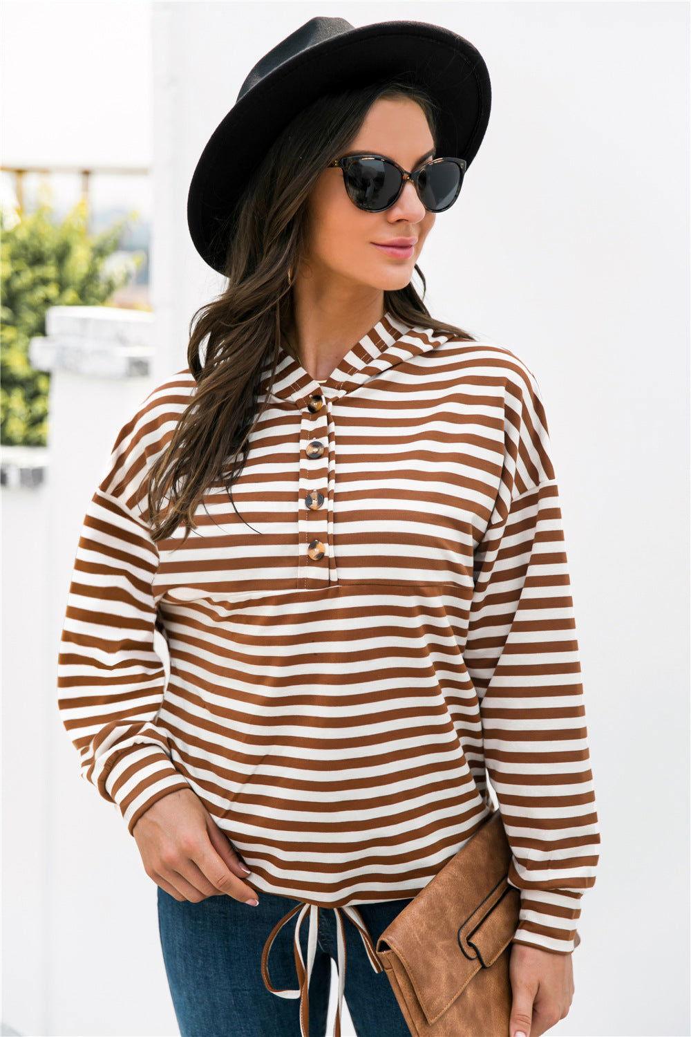 Striped Half-Button Dropped Shoulder Hoodie - Clothes For Her Online Store