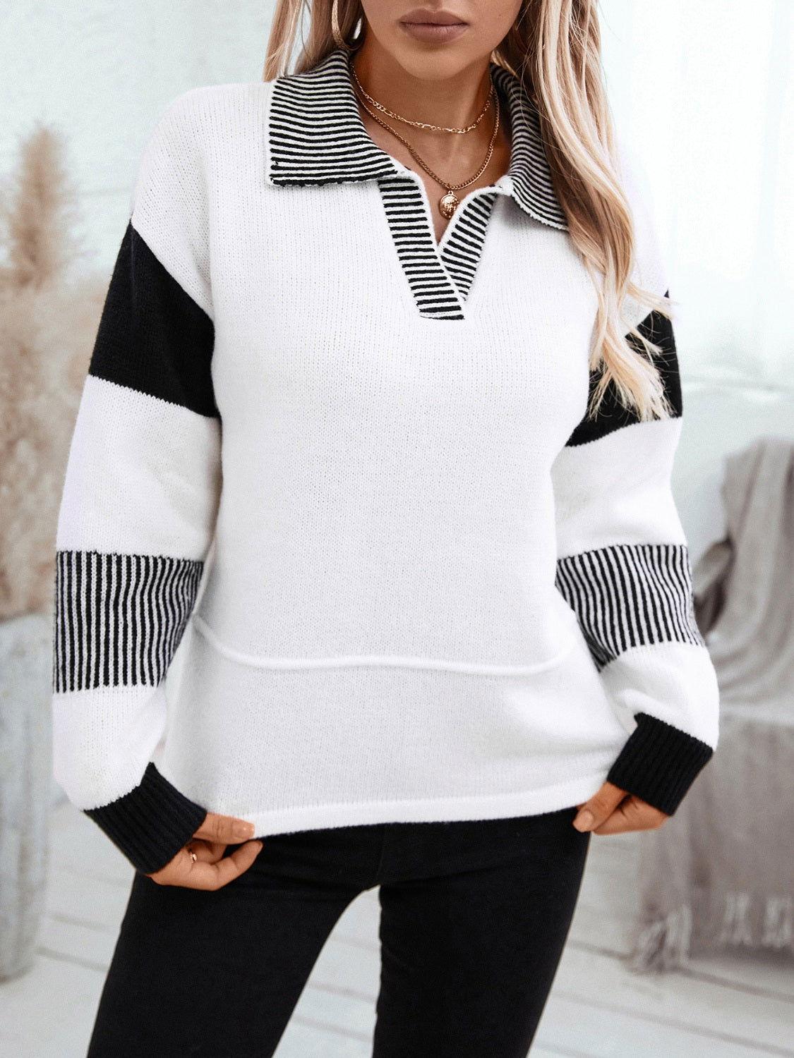 Striped Johnny Collar Drop Shoulder Sweater - Clothes For Her Online Store